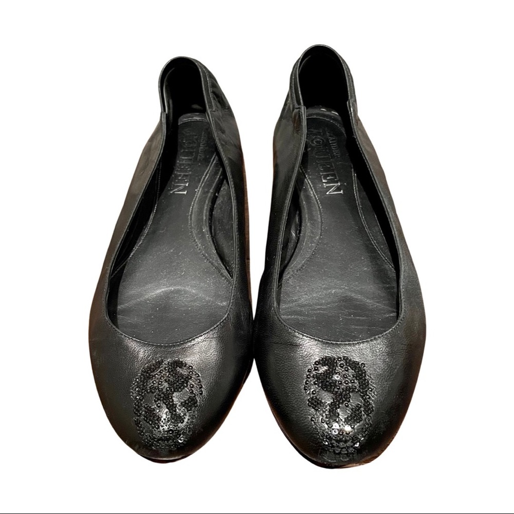 Alexander McQueen Black Leather Sequin Skull Ballet Flats